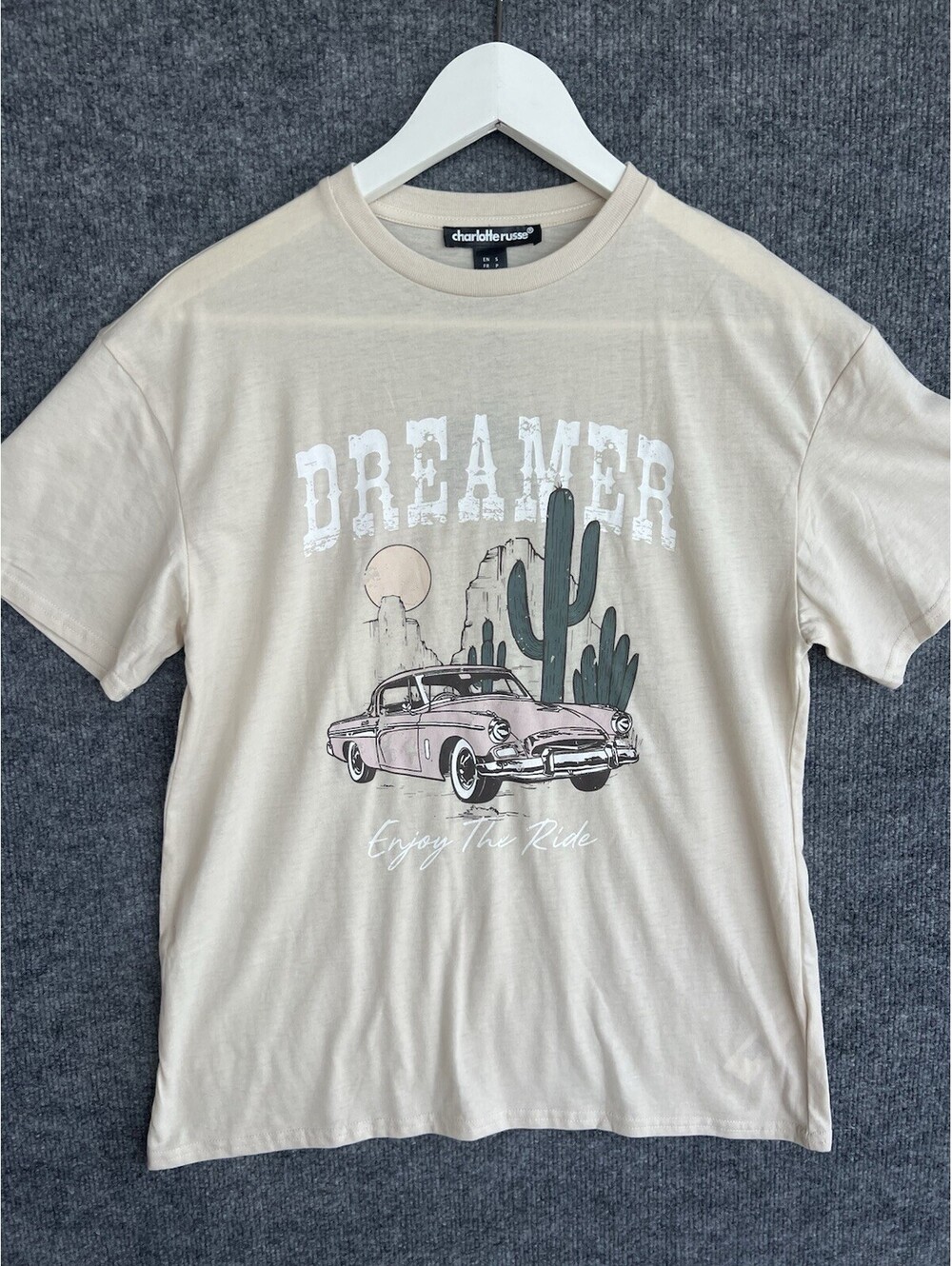 Charlotte Russe New Women's S Beige Retro Car Short Sleeve Top Shirt